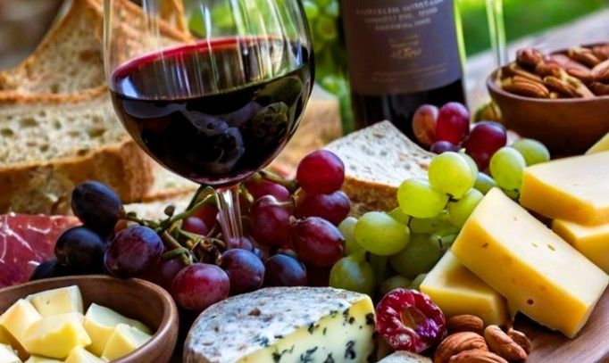 Vinho tinto com queijos, uvas e frios